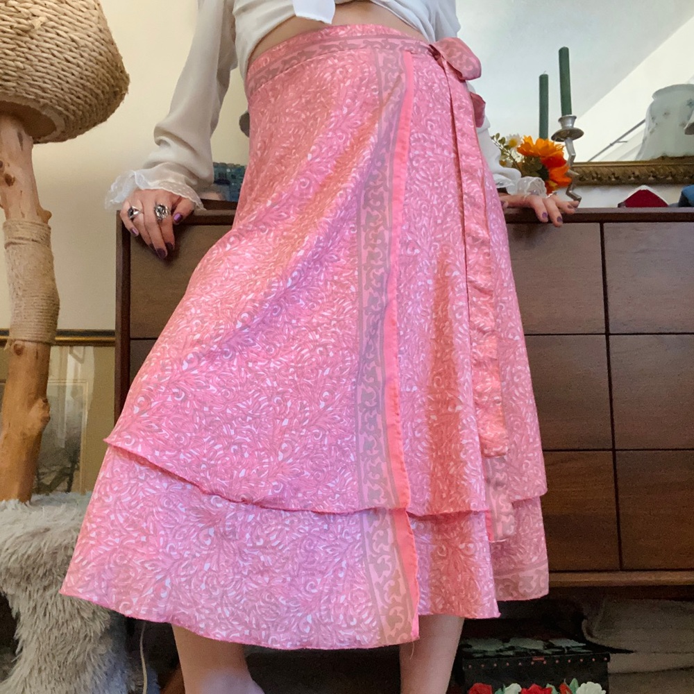 eclectic pink & grey tiered wrap skirt / size sm/md